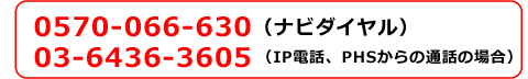 0570-066-630（ナビダイヤル）　03-6436-3605（IP電話・PHS話からの通話の場合）